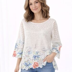 Damee Inc Lace Tunic Top Floral Scalloped Hem Boho Beachy Sheer Overlay Size L